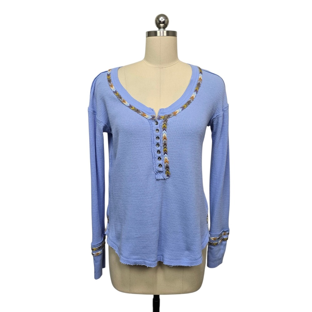 Free People Henley‎ Thermal Top Distressed Blue Embroidered Trim Women's Medium